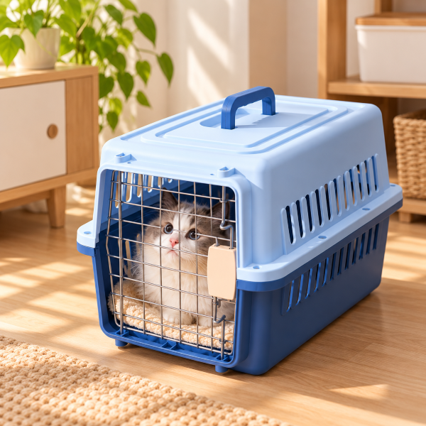 Kucing lucu dalam pet cargo warna biru