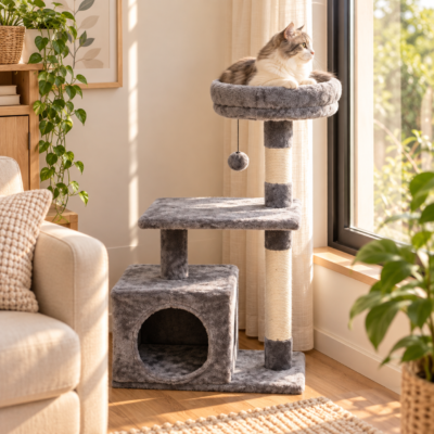 Cat Tree Kucing 3 Tingkat Abu-Abu dengan Rumah & Scratching Post | Tempat Bermain dan Santai Kucing Cat tree kucing warna abu-abu 3 tingkat dengan rumah kucing, scratching post, platform bertingkat, dan tempat tidur bulat di dekat jendela, digunakan kucing untuk bersantai.