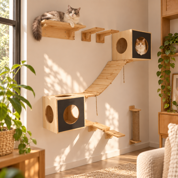 Cat tree kucing 3 tingkat warna biru, kuning, dan cokelat dengan rumah kucing, scratching post, platform bertingkat, dan mainan bola, ditempatkan di dekat jendela dengan dua kucing sedang bersantai sambil menikmati pemandangan luar