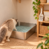 Kotak pasir kucing stainless steel anti karat berisi pasir tofu di pojok ruangan minimalis