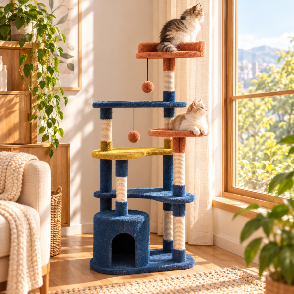 Cat tree kucing bertingkat warna abu-abu dengan bantalan tidur berbulu lembut, tiang garukan tali sisal, rumah kucing tertutup, tempat tidur berbentuk mangkuk, dan mainan bola gantung. Seekor kucing kampung berbulu putih dan tabby sedang duduk santai di platform paling atas. Cat tree diletakkan mepet jendela di ruangan aesthetic dengan dekorasi tanaman hijau dan furnitur kayu.