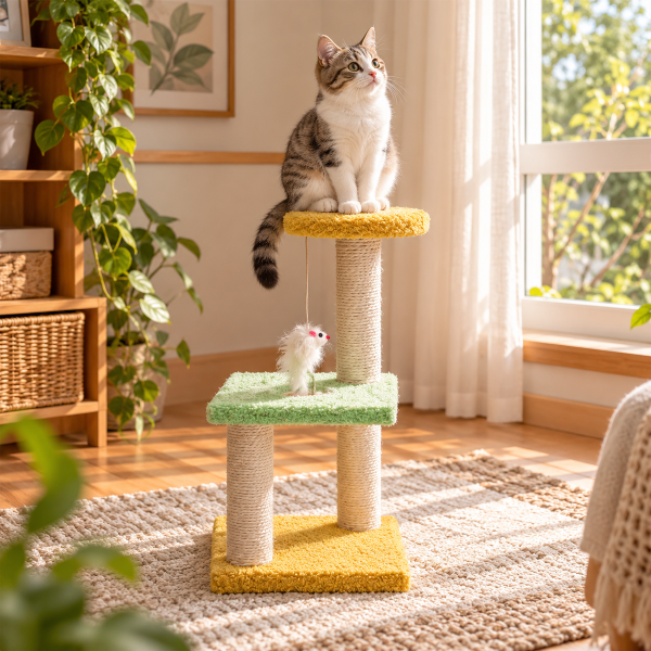 Cat tree kucing 3 tingkat warna biru, kuning, dan cokelat dengan rumah kucing, scratching post, platform bertingkat, dan mainan bola, ditempatkan di dekat jendela dengan dua kucing sedang bersantai sambil menikmati pemandangan luar