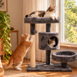 Cat tree kucing bertingkat berwarna abu-abu dengan tiang garukan tali sisal, rumah kucing, tempat tidur berbentuk mangkuk, dan mainan gantung. Tiga kucing dengan bulu berbeda terlihat beraktivitas, yaitu kucing tabby putih beristirahat di platform atas, kucing oranye putih menggaruk tiang sisal, dan kucing tabby mengintip dari rumah kucing. Cat tree diletakkan dekat jendela di ruang keluarga yang nyaman dengan tanaman hijau dan pencahayaan alami.