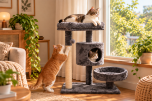 Cat tree kucing bertingkat berwarna abu-abu dengan tiang garukan tali sisal, rumah kucing, tempat tidur berbentuk mangkuk, dan mainan gantung. Tiga kucing dengan bulu berbeda terlihat beraktivitas, yaitu kucing tabby putih beristirahat di platform atas, kucing oranye putih menggaruk tiang sisal, dan kucing tabby mengintip dari rumah kucing. Cat tree diletakkan dekat jendela di ruang keluarga yang nyaman dengan tanaman hijau dan pencahayaan alami.