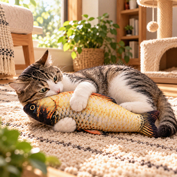 Cat tree kucing bertingkat warna abu-abu dengan bantalan tidur berbulu lembut, tiang garukan tali sisal, rumah kucing tertutup, tempat tidur berbentuk mangkuk, dan mainan bola gantung. Seekor kucing kampung berbulu putih dan tabby sedang duduk santai di platform paling atas. Cat tree diletakkan mepet jendela di ruangan aesthetic dengan dekorasi tanaman hijau dan furnitur kayu.