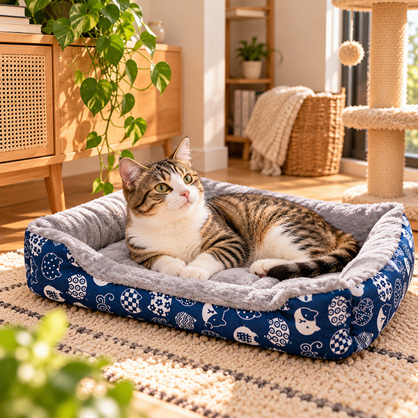 Cat tree kucing 3 tingkat warna biru, kuning, dan cokelat dengan rumah kucing, scratching post, platform bertingkat, dan mainan bola, ditempatkan di dekat jendela dengan dua kucing sedang bersantai sambil menikmati pemandangan luar