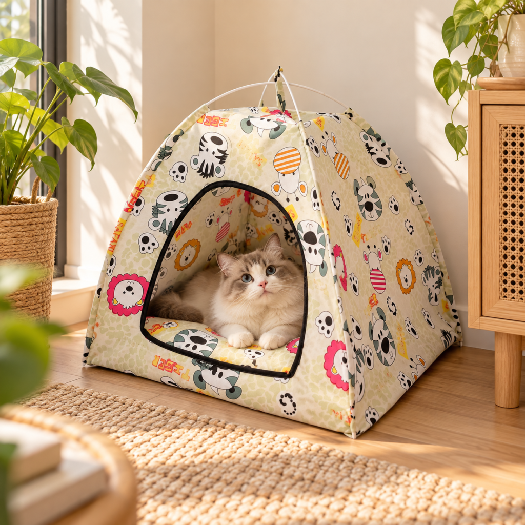 Tenda kucing motif hewan kartun warna krem dengan kucing ras Ragdoll duduk di dalam tenda di atas lantai kayu