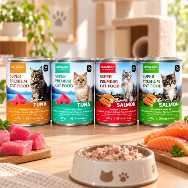 Empat kaleng wet food kucing Animal & Co Super Premium varian Tuna dan Salmon 400 gram Grain Free di atas meja kayu dengan potongan ikan segar