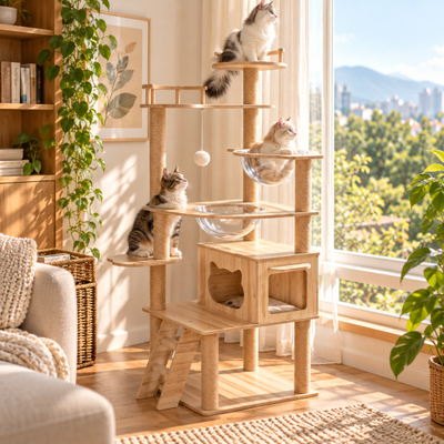 Kucing sedang berada di atas cat tree memandang ke luar jendela