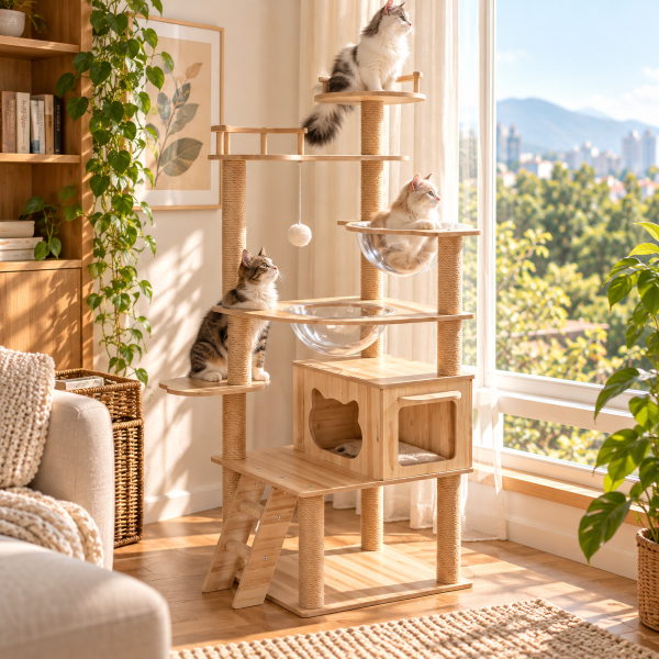 Cat tree kucing bertingkat warna abu-abu dengan bantalan tidur berbulu lembut, tiang garukan tali sisal, rumah kucing tertutup, tempat tidur berbentuk mangkuk, dan mainan bola gantung. Seekor kucing kampung berbulu putih dan tabby sedang duduk santai di platform paling atas. Cat tree diletakkan mepet jendela di ruangan aesthetic dengan dekorasi tanaman hijau dan furnitur kayu.