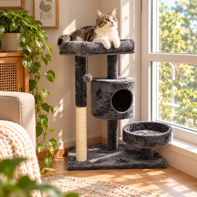 Cat tree kucing bertingkat warna abu-abu dengan bantalan tidur berbulu lembut, tiang garukan tali sisal, rumah kucing tertutup, tempat tidur berbentuk mangkuk, dan mainan bola gantung. Seekor kucing kampung berbulu putih dan tabby sedang duduk santai di platform paling atas. Cat tree diletakkan mepet jendela di ruangan aesthetic dengan dekorasi tanaman hijau dan furnitur kayu.