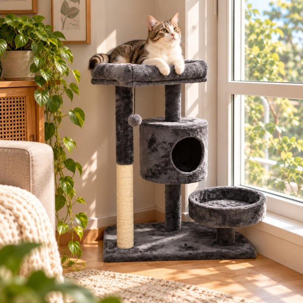 Cat tree kucing bertingkat warna abu-abu dengan bantalan tidur berbulu lembut, tiang garukan tali sisal, rumah kucing tertutup, tempat tidur berbentuk mangkuk, dan mainan bola gantung. Seekor kucing kampung berbulu putih dan tabby sedang duduk santai di platform paling atas. Cat tree diletakkan mepet jendela di ruangan aesthetic dengan dekorasi tanaman hijau dan furnitur kayu.