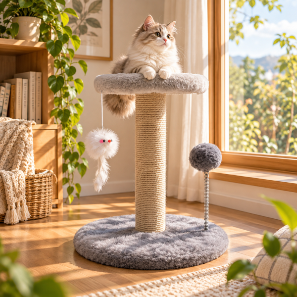 Cat tree kucing 3 tingkat warna biru, kuning, dan cokelat dengan rumah kucing, scratching post, platform bertingkat, dan mainan bola, ditempatkan di dekat jendela dengan dua kucing sedang bersantai sambil menikmati pemandangan luar
