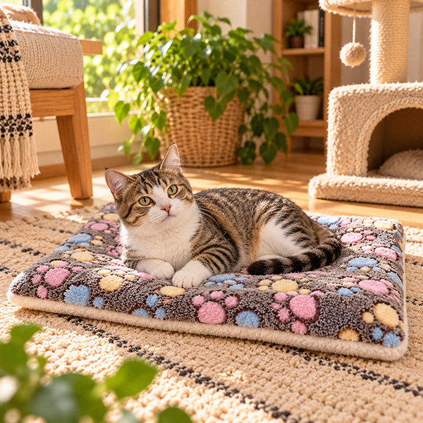 Cat tree kucing bertingkat warna abu-abu dengan bantalan tidur berbulu lembut, tiang garukan tali sisal, rumah kucing tertutup, tempat tidur berbentuk mangkuk, dan mainan bola gantung. Seekor kucing kampung berbulu putih dan tabby sedang duduk santai di platform paling atas. Cat tree diletakkan mepet jendela di ruangan aesthetic dengan dekorasi tanaman hijau dan furnitur kayu.