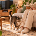 Kucing tabby putih sedang menggesekkan kepala ke kaki pemiliknya sambil menggigit pelan celana saat pemilik bersandar santai di sofa membaca buku di ruang keluarga. Ilustrasi perilaku kucing yang tiba-tiba menggigit saat bermanja-manja dengan manusia