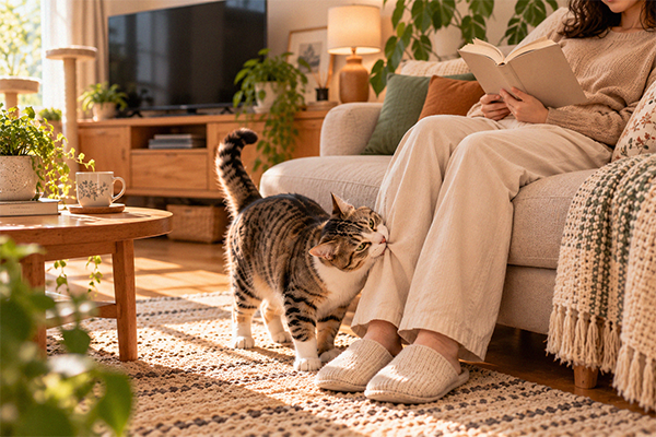 Kucing tabby putih sedang menggesekkan kepala ke kaki pemiliknya sambil menggigit pelan celana saat pemilik bersandar santai di sofa membaca buku di ruang keluarga. Ilustrasi perilaku kucing yang tiba-tiba menggigit saat bermanja-manja dengan manusia