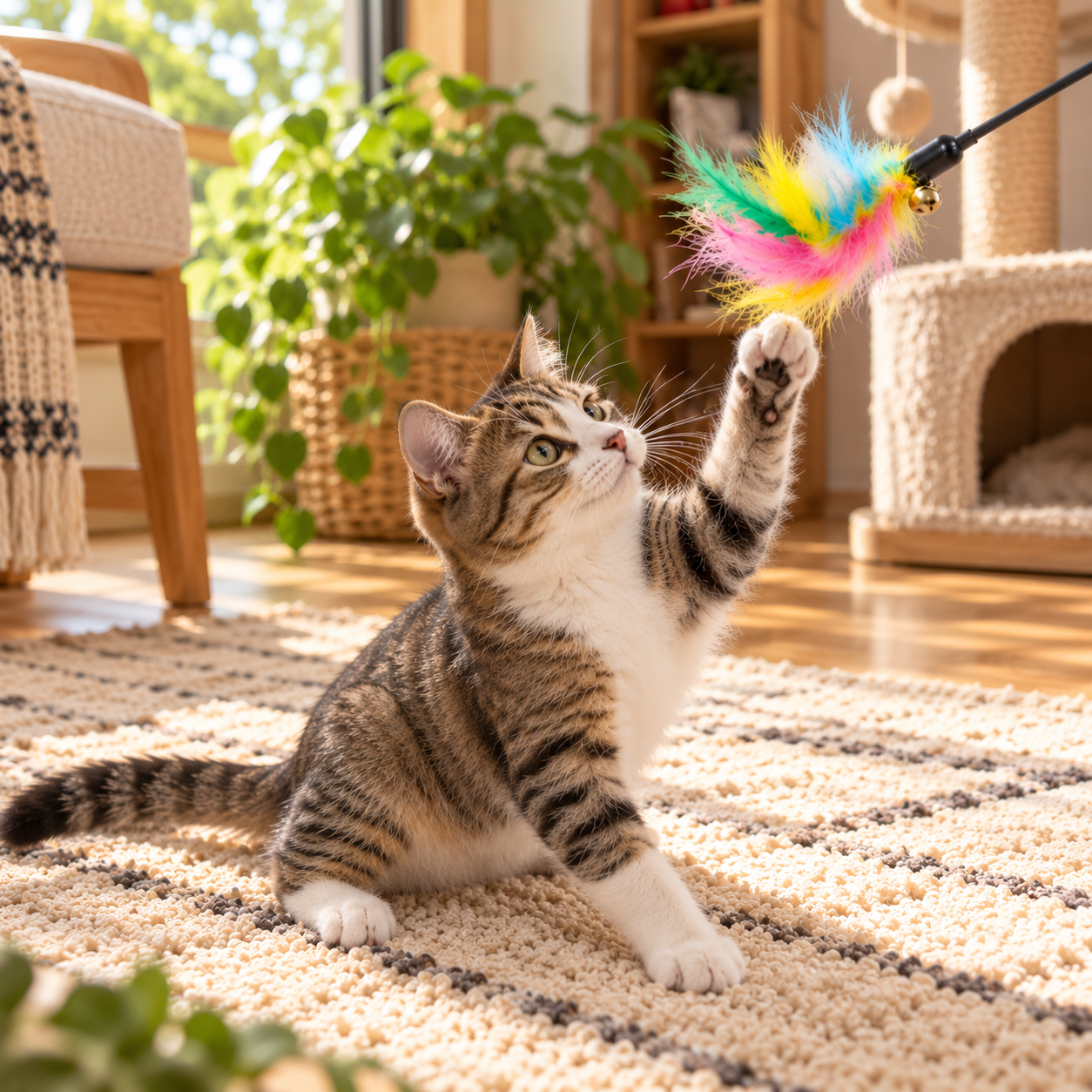 Cat tree kucing bertingkat warna abu-abu dengan bantalan tidur berbulu lembut, tiang garukan tali sisal, rumah kucing tertutup, tempat tidur berbentuk mangkuk, dan mainan bola gantung. Seekor kucing kampung berbulu putih dan tabby sedang duduk santai di platform paling atas. Cat tree diletakkan mepet jendela di ruangan aesthetic dengan dekorasi tanaman hijau dan furnitur kayu.