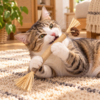 Kucing kampung tabby cokelat keabu-abuan dengan dada dan kaki putih sedang bermain sambil menggigit catnip stick di atas karpet krem. Mainan kucing ini memiliki bagian tengah yang dililit tali rami alami, ujung berbentuk rumbai dari serat jerami, serta gumpalan catnip kering berwarna cokelat. Suasana ruang keluarga estetik dengan furnitur kayu, tanaman hijau, dan pencahayaan alami.
