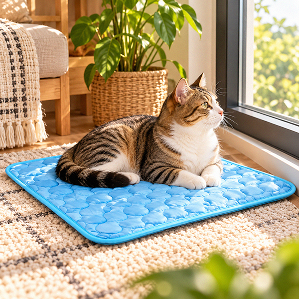 Kucing kampung tabby cokelat keabu-abuan dengan dada dan kaki putih sedang duduk santai di atas cooling mat biru berpermukaan empuk dengan jahitan berlapis dan sudut membulat. Kucing menghadap ke jendela sambil mengamati pemandangan luar. Cooling mat diletakkan di atas karpet krem di sudut ruangan estetik dengan sofa beige, furnitur kayu, dan tanaman hijau.