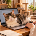 Kucing tabby putih dan cokelat sedang duduk santai di atas keyboard laptop saat pemiliknya bekerja dari rumah. Kucing menatap kamera dengan ekspresi tenang di meja kerja kayu dengan cangkir kopi, buku catatan, dan tanaman hias di ruang kerja yang nyaman.