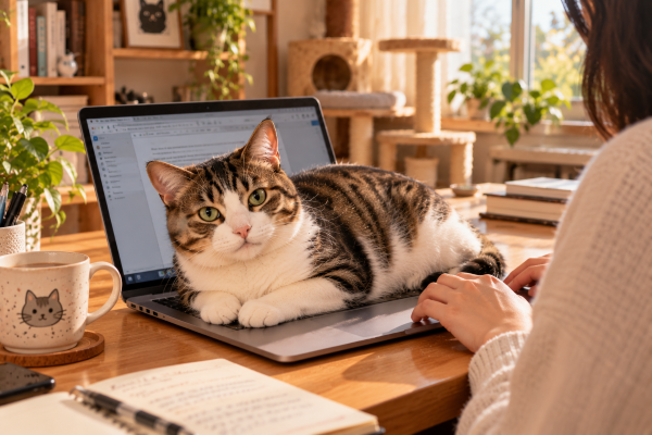 Kucing tabby putih dan cokelat sedang duduk santai di atas keyboard laptop saat pemiliknya bekerja dari rumah. Kucing menatap kamera dengan ekspresi tenang di meja kerja kayu dengan cangkir kopi, buku catatan, dan tanaman hias di ruang kerja yang nyaman.