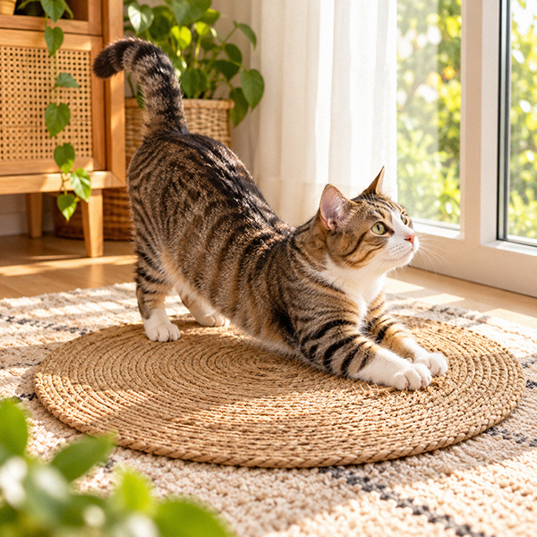 Kucing kampung tabby cokelat keabu-abuan dengan dada dan kaki putih sedang meregangkan tubuh dan mencakar scratcher kucing berbentuk bulat dari anyaman serat alami. Kucing memanjangkan kedua kaki depan, melengkungkan punggung, dan mengangkat ekor sambil menghadap jendela. Scratcher diletakkan di atas karpet krem dalam ruangan estetik dengan furnitur kayu, tanaman hijau, dan cahaya matahari alami.
