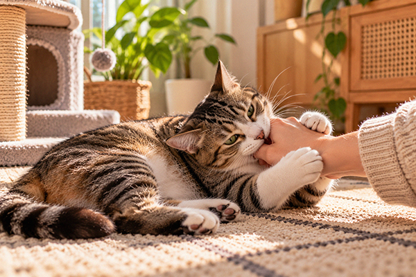 Kucing tabby sedang menggigit pelan sambil memegang tangan manusia dengan kedua kaki depannya saat dielus di rumah, ilustrasi perilaku petting-induced aggression pada kucing.