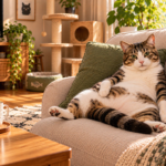Kucing tabby putih dan cokelat sedang bersantai dengan posisi telentang di sofa krem, kedua kaki belakang rileks dan ekor melintang di depan tubuh, di ruang keluarga yang nyaman dengan cat tree, bantal dekoratif, tanaman hias, dan furnitur kayu.