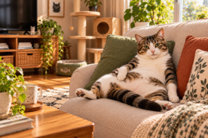 Kucing tabby putih dan cokelat sedang bersantai dengan posisi telentang di sofa krem, kedua kaki belakang rileks dan ekor melintang di depan tubuh, di ruang keluarga yang nyaman dengan cat tree, bantal dekoratif, tanaman hias, dan furnitur kayu.