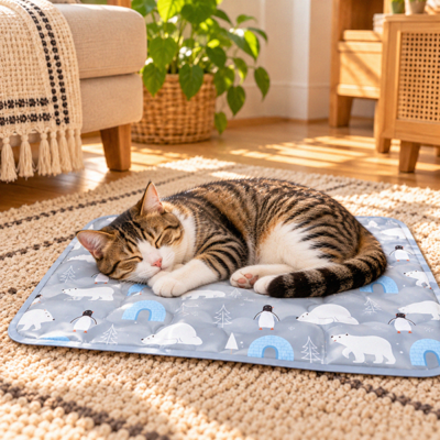 Kucing kampung tabby cokelat keabu-abuan dengan dada dan kaki putih sedang tidur meringkuk di atas cooling mat biru muda bermotif beruang kutub, penguin, igloo, dan pohon salju. Alas pendingin berbentuk persegi panjang dengan permukaan berlapis dan sudut membulat, diletakkan di atas karpet krem dalam ruang keluarga estetik dengan sofa beige, furnitur kayu, dan pencahayaan alami.